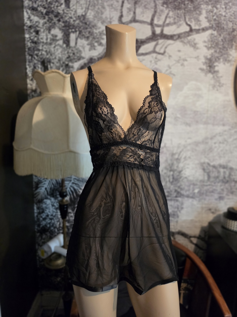 Black Lace Babydoll Lingerie Chemise - Size S